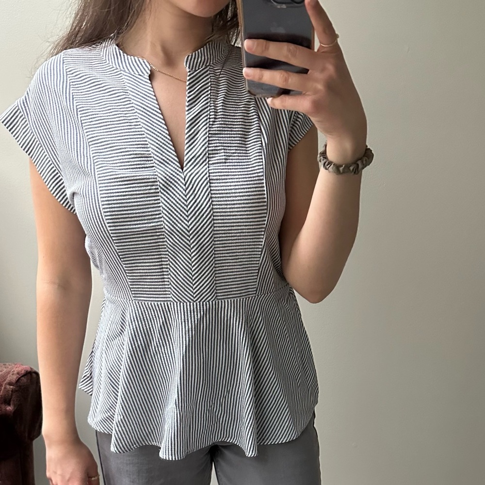 Monteau Gray Striped Peplum Blouse